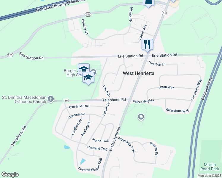 map of restaurants, bars, coffee shops, grocery stores, and more near 86 Yellowstone Drive in West Henrietta