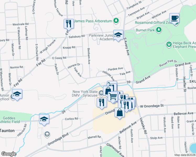 map of restaurants, bars, coffee shops, grocery stores, and more near 1126 Grand Avenue in Syracuse