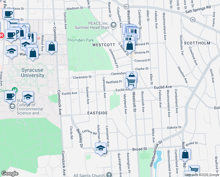 map of restaurants, bars, coffee shops, grocery stores, and more near 726 Euclid Avenue in Syracuse