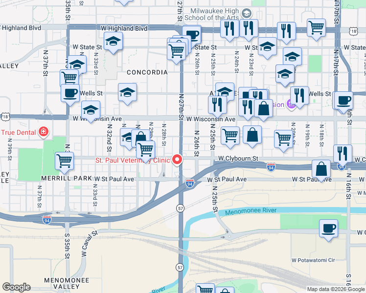 map of restaurants, bars, coffee shops, grocery stores, and more near 530 North 27th Street in Milwaukee