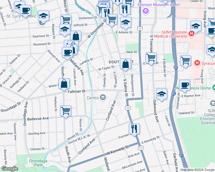 map of restaurants, bars, coffee shops, grocery stores, and more near 240 1/2 Tallman Street in Syracuse