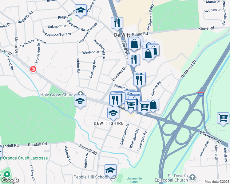 map of restaurants, bars, coffee shops, grocery stores, and more near 303 Lansdowne Road in Syracuse