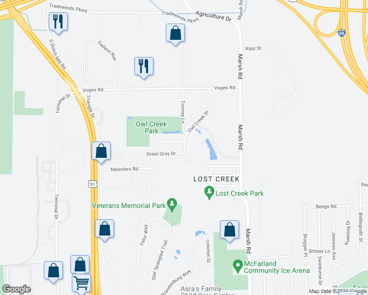 map of restaurants, bars, coffee shops, grocery stores, and more near 4217 Owl Creek Drive in Madison