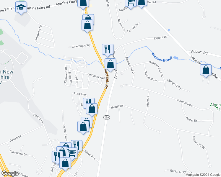 map of restaurants, bars, coffee shops, grocery stores, and more near 130 Mammoth Road in Hooksett