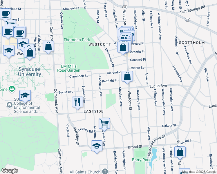 map of restaurants, bars, coffee shops, grocery stores, and more near 726 Euclid Avenue in Syracuse
