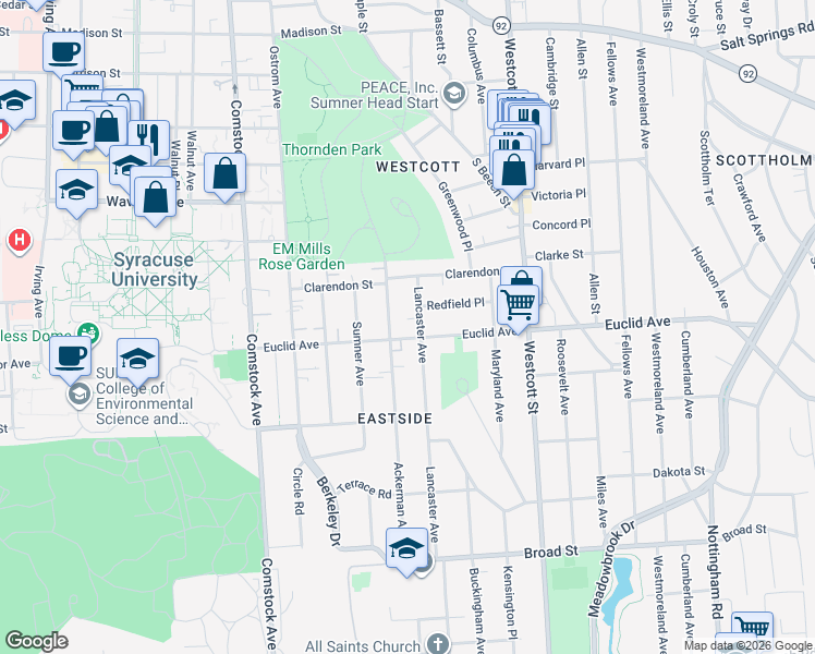 map of restaurants, bars, coffee shops, grocery stores, and more near 622 Euclid Avenue in Syracuse