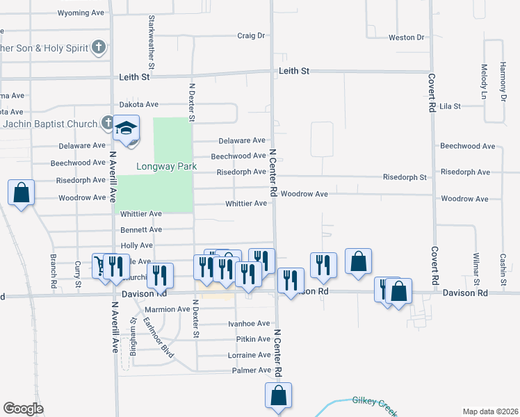 map of restaurants, bars, coffee shops, grocery stores, and more near 3814 Whittier Avenue in Flint