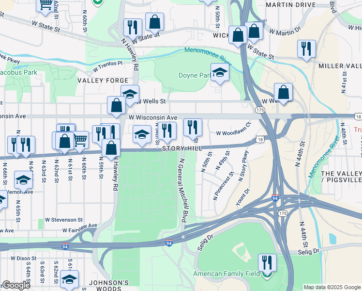 map of restaurants, bars, coffee shops, grocery stores, and more near in Milwaukee