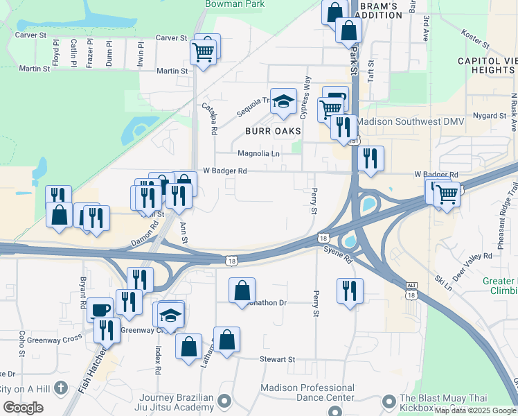 map of restaurants, bars, coffee shops, grocery stores, and more near 1002 Ann Street in Madison