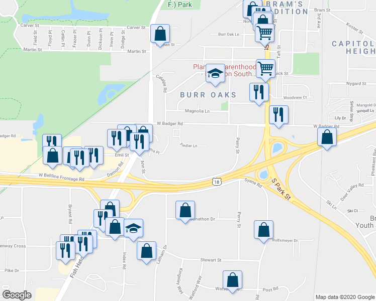 map of restaurants, bars, coffee shops, grocery stores, and more near 1120 Ann Street in Madison