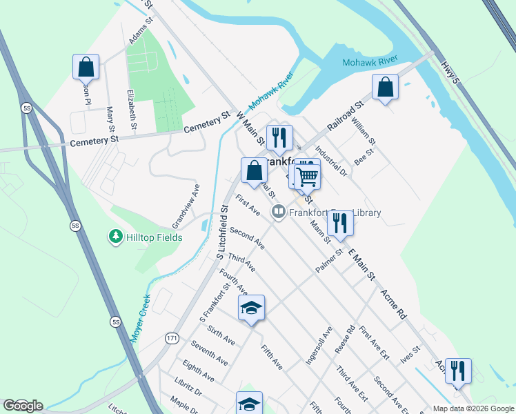 map of restaurants, bars, coffee shops, grocery stores, and more near 118 First Avenue in Frankfort