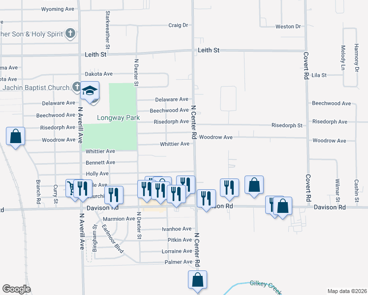 map of restaurants, bars, coffee shops, grocery stores, and more near 3814 Whittier Avenue in Flint