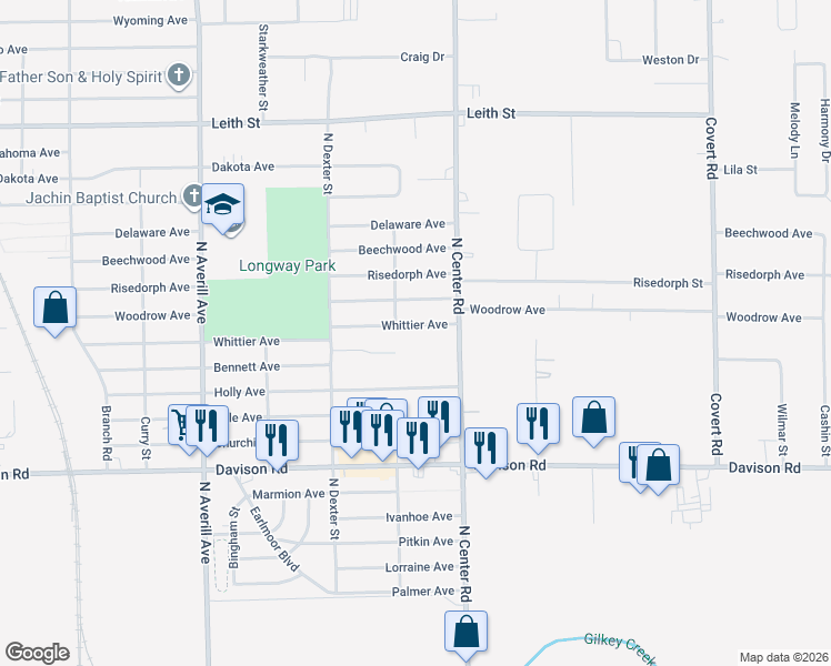 map of restaurants, bars, coffee shops, grocery stores, and more near 3814 Whittier Avenue in Flint