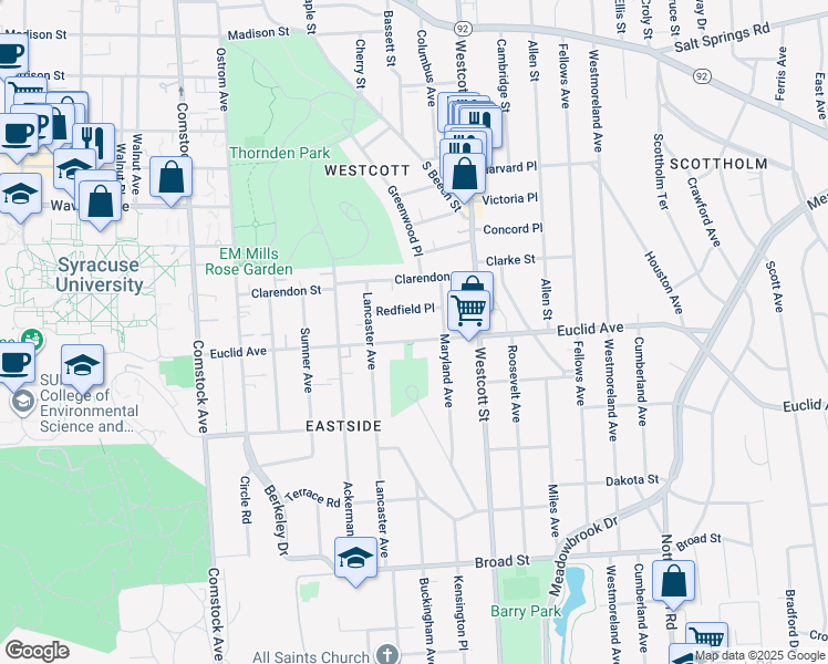 map of restaurants, bars, coffee shops, grocery stores, and more near 741 Euclid Avenue in Syracuse