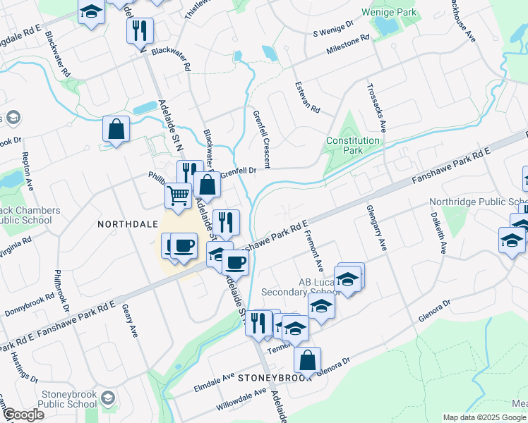 map of restaurants, bars, coffee shops, grocery stores, and more near 660 Fanshawe Park Road East in London