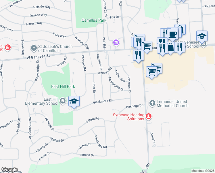 map of restaurants, bars, coffee shops, grocery stores, and more near 107 Saint George Drive in Camillus