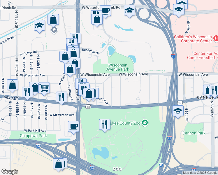 map of restaurants, bars, coffee shops, grocery stores, and more near 535 North 104th Street in Wauwatosa