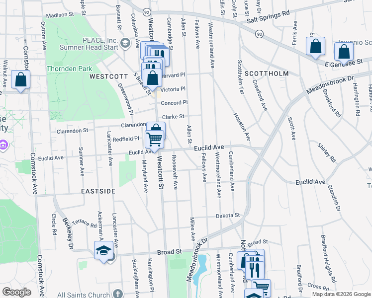 map of restaurants, bars, coffee shops, grocery stores, and more near 217 Strong Avenue in Syracuse