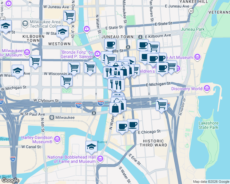 map of restaurants, bars, coffee shops, grocery stores, and more near 514 North Water Street in Milwaukee