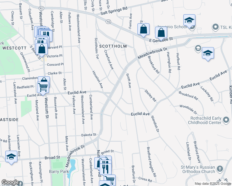 map of restaurants, bars, coffee shops, grocery stores, and more near 423 Crawford Avenue in Syracuse