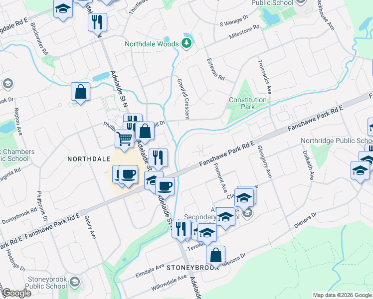 map of restaurants, bars, coffee shops, grocery stores, and more near 660 Fanshawe Park Road East in London