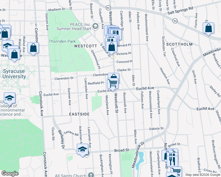map of restaurants, bars, coffee shops, grocery stores, and more near 813 Euclid Avenue in Syracuse