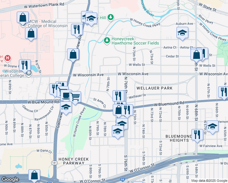 map of restaurants, bars, coffee shops, grocery stores, and more near 629 North 77th Street in Wauwatosa