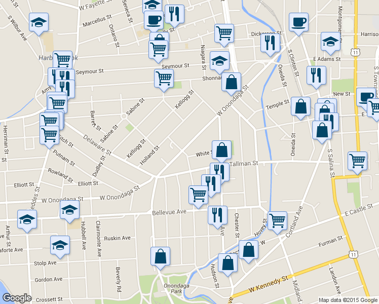 map of restaurants, bars, coffee shops, grocery stores, and more near 123 White Street in Syracuse