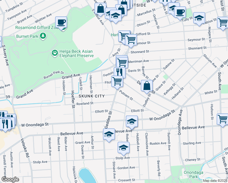 map of restaurants, bars, coffee shops, grocery stores, and more near 105 Hartson Street in Syracuse