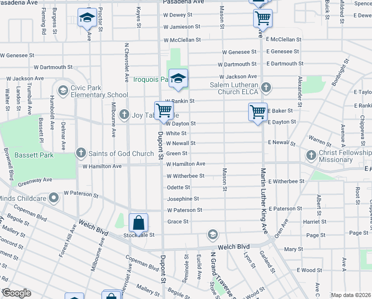 map of restaurants, bars, coffee shops, grocery stores, and more near 2208 Iroquois Avenue in Flint