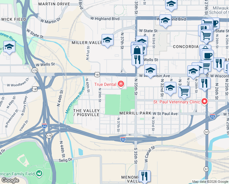 map of restaurants, bars, coffee shops, grocery stores, and more near 3701A West Michigan Street in Milwaukee