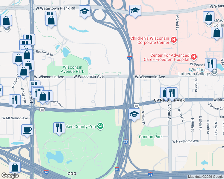 map of restaurants, bars, coffee shops, grocery stores, and more near 524 North 98th Street in Wauwatosa