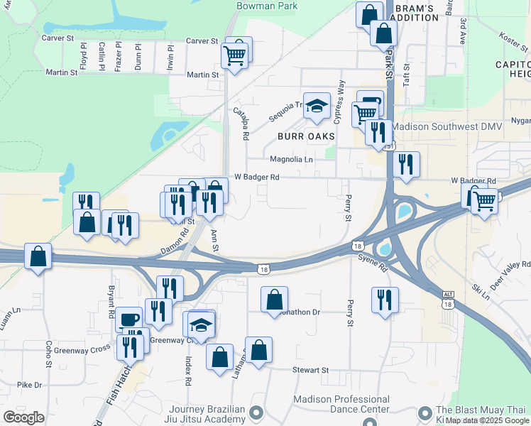 map of restaurants, bars, coffee shops, grocery stores, and more near 1120 Ann Street in Madison