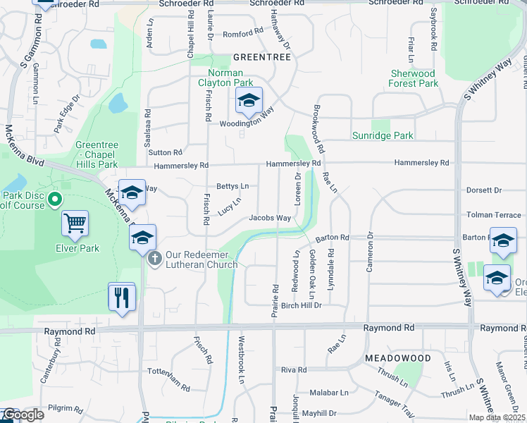 map of restaurants, bars, coffee shops, grocery stores, and more near 6301 Jacobs Way in Madison