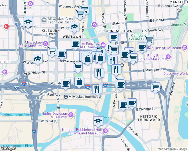 map of restaurants, bars, coffee shops, grocery stores, and more near 555n North Plankinton Avenue in Milwaukee