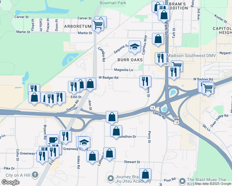 map of restaurants, bars, coffee shops, grocery stores, and more near 1033 Fiedler Lane in Madison