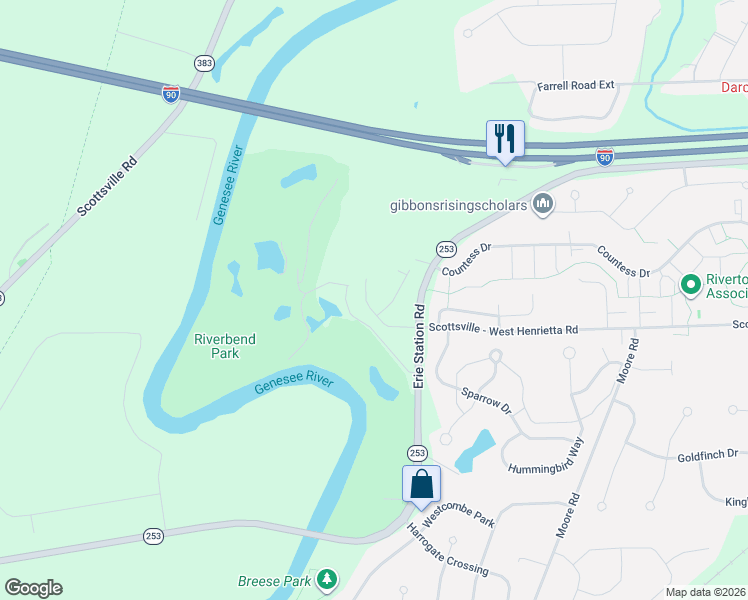 map of restaurants, bars, coffee shops, grocery stores, and more near 52 Fieldstone Lane in West Henrietta