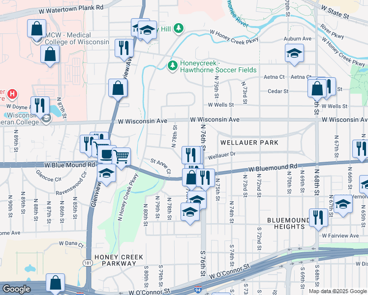 map of restaurants, bars, coffee shops, grocery stores, and more near 629 North 77th Street in Wauwatosa