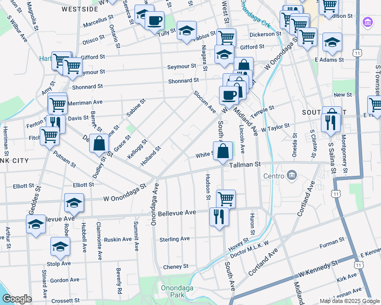 map of restaurants, bars, coffee shops, grocery stores, and more near 123 White Street in Syracuse