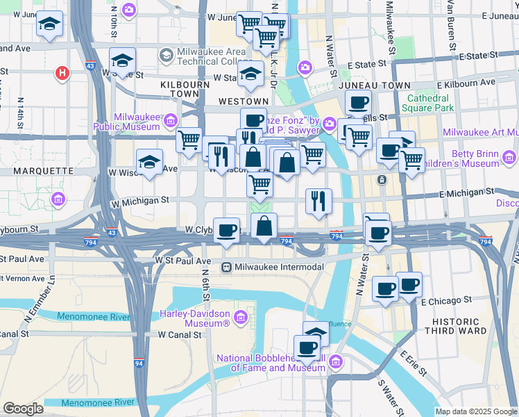 map of restaurants, bars, coffee shops, grocery stores, and more near 301 West Michigan Street in Milwaukee