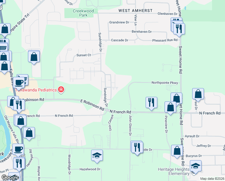 map of restaurants, bars, coffee shops, grocery stores, and more near 1 Apollo Drive in Buffalo