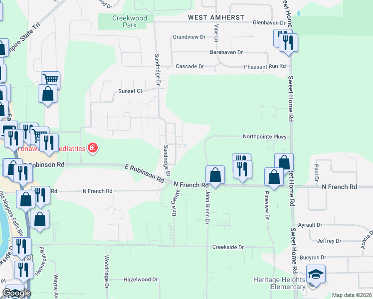 map of restaurants, bars, coffee shops, grocery stores, and more near 17 Apollo Drive in Buffalo