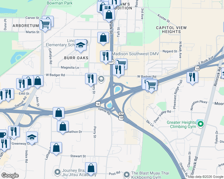 map of restaurants, bars, coffee shops, grocery stores, and more near 2647 South Park Street in Madison