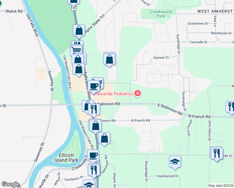 map of restaurants, bars, coffee shops, grocery stores, and more near 3880 East Robinson Road in Buffalo