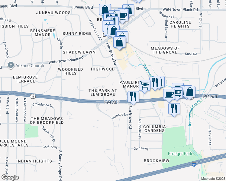 map of restaurants, bars, coffee shops, grocery stores, and more near 13340 West Bluemound Road in Elm Grove