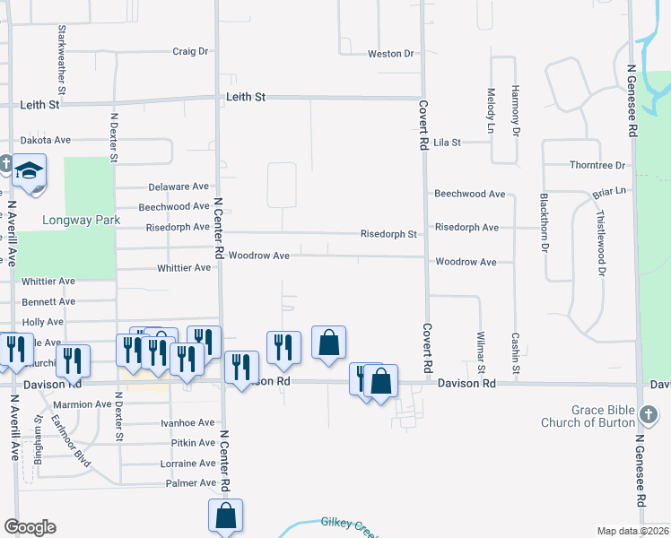 map of restaurants, bars, coffee shops, grocery stores, and more near 4158 Woodrow Avenue in Burton