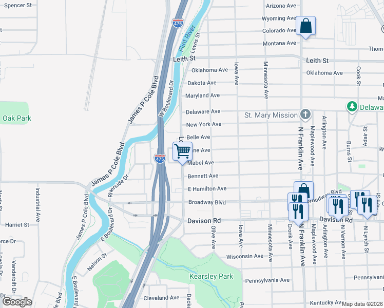 map of restaurants, bars, coffee shops, grocery stores, and more near 1412 Mabel Avenue in Flint
