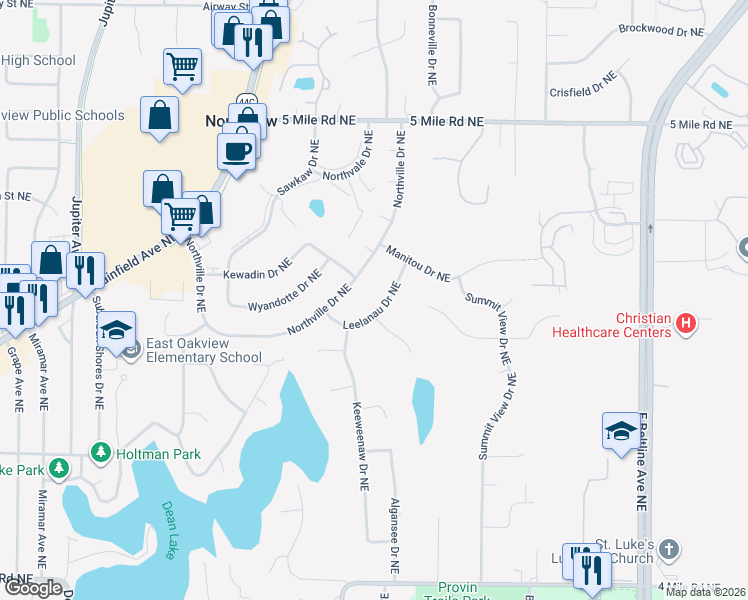 map of restaurants, bars, coffee shops, grocery stores, and more near 2745 Leelanau Drive Northeast in Grand Rapids