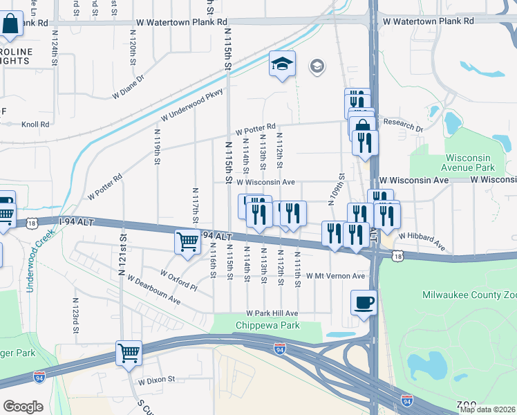 map of restaurants, bars, coffee shops, grocery stores, and more near 457 North 113th Street in Wauwatosa