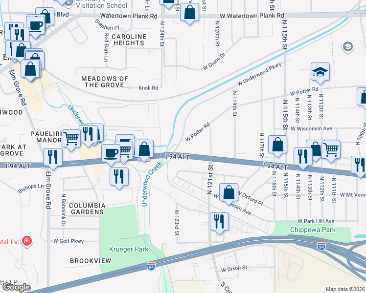 map of restaurants, bars, coffee shops, grocery stores, and more near 12307 West Bluemound Road in Wauwatosa